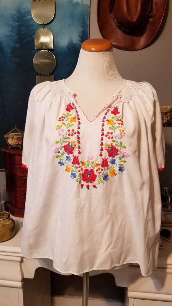 Vintage Hungarian Embroidered Floral Blouse, Free