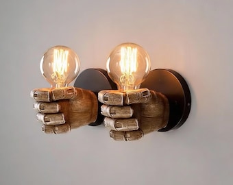 Modern Hand Wall Sconce, Resin Wood-Look Light with Exposed Bulb