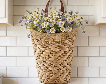 Water Hyacinth Hanging Basket, Woven Front Door Flower Basket, Rustic Wall Planter, Farmhouse Entryway Decor