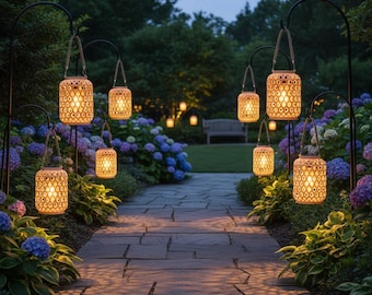 Solar Rattan Inspired Lantern Outdoor Light, Boho Garden Lantern, Waterproof Patio Decor