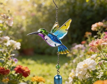 Hummingbird Wind Chime, Garden Hanging Decor, Outdoor Patio Ornament, Bird Lover Gift, Yard Wind Bell