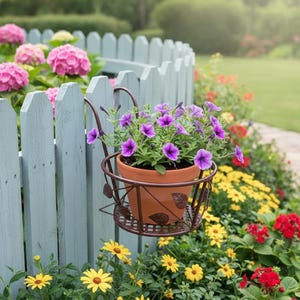 Puede incluir: Una maceta de terracota llena de petunias moradas, colgada de una valla de estacas azul claro. La maceta se sostiene en una cesta decorativa de metal marrón. El jardín incluye otras flores coloridas.