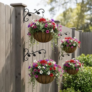 Puede incluir: Cestas colgantes de flores llenas de petunias coloridas en rojo, rosa, morado y blanco. Las cestas están hechas de un material tejido y están suspendidas de soportes decorativos de metal negro fijados a una valla de madera.