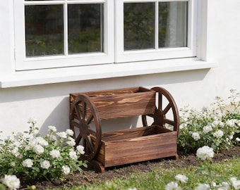Rustic Wooden Wagon Planter, Decorative Garden Cart with Wheels