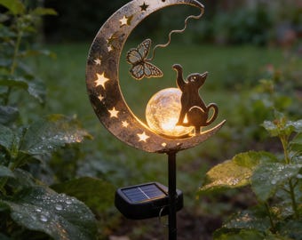 Solar Cat Moon Garden Light, Iron Crescent Moon Stake Lamp, Outdoor LED Yard Decor