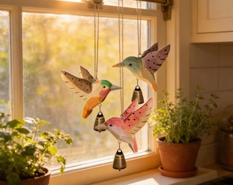 Hand Carved Wooden Hummingbird with Bell, Handmade Hanging Bird Ornament Garden Decor