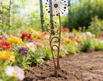 Rusty Dandelion Garden Stake, Metal Flower Yard Art, Rustic Garden Decor