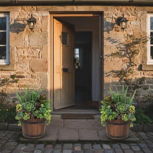 May include: Two wooden barrel planters, each filled with a mix of succulents and greenery, stand on a stone patio. The planters have dark metal bands and are either side of an open wooden door, set against a stone wall. The door is open.