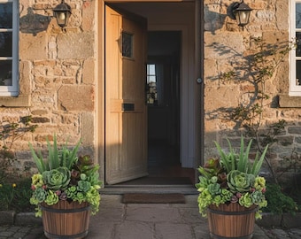Set of 2 Wooden Barrel Planters Rustic Flower Pot Decor
