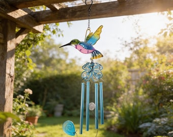 Hummingbird Wind Chime, Colorful Glass Bird Suncatcher, Outdoor Garden Decor, Patio Hanging Ornament