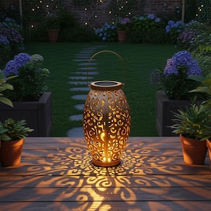 May include: A decorative solar-powered lantern with an intricate cut-out design, casting patterned light on a wooden deck. The lantern has a handle and sits among potted plants, with a garden and flowers in the background.