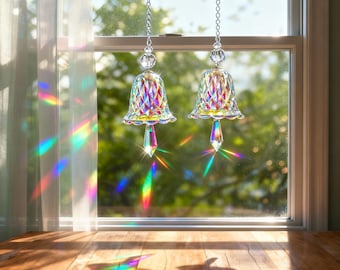 Rainbow Crystal Bell Suncatcher, Hanging Glass Wind Chime, Window Prism Light Catcher, Garden Decor, Boho Home Decoration, Gift for Her