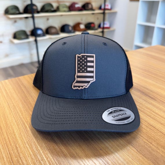 Indiana Flag Hat: Leather Patch Trucker Cap with Snapback