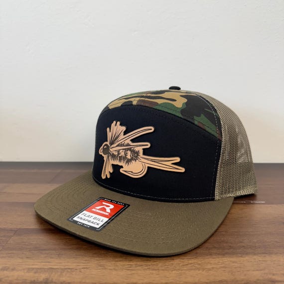 Fly Fishing Fly Leather Patch Hat : Adjustable Snapback Mesh Cap (Unisex)