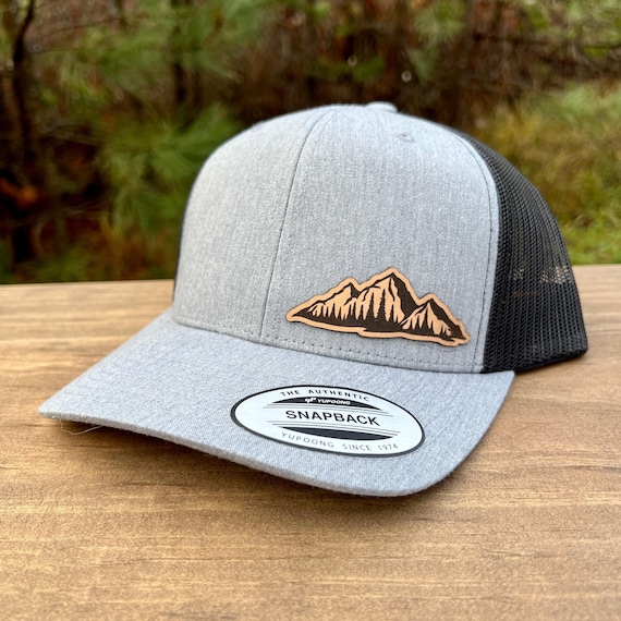 Leather Patch Snapback Hat: Mountain Forest Scene (Breathable Mesh)