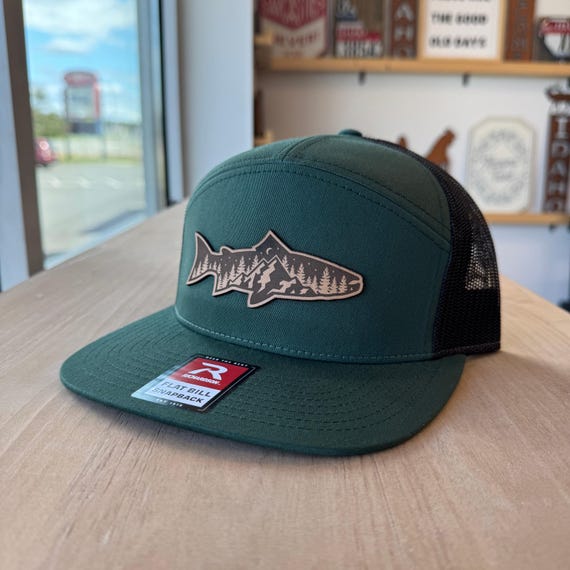 Rainbow Trout Mountain Scene Leather Patch Hat , Adjustable Snapback (Breathable Mesh)