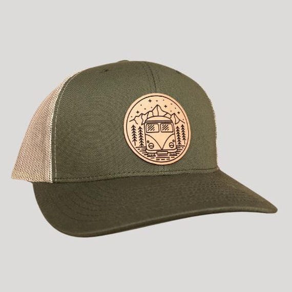 VW Bus Mountain Scene Leather Patch Hat: Stylish Durable Outdoor Cap for Hiking