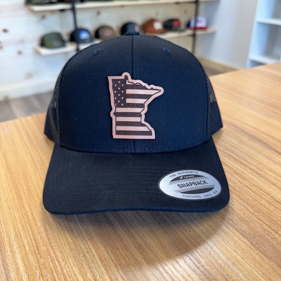 Minnesota State Hat: Leather Patch USA Design (Adjustable Trucker Cap)