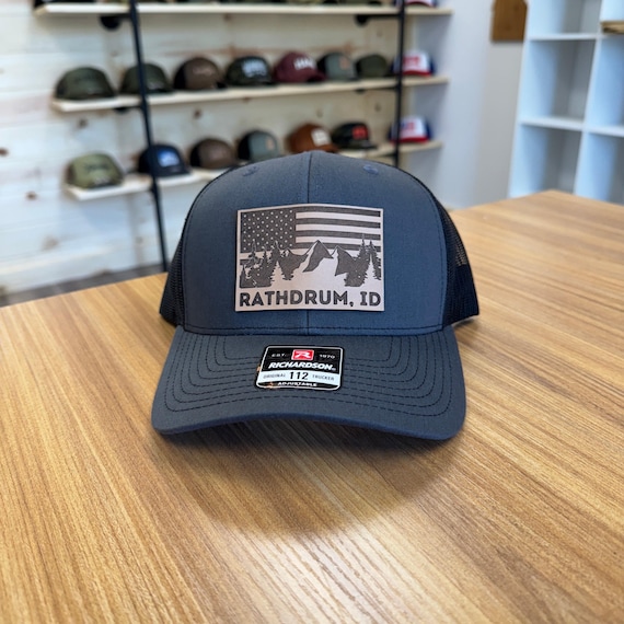 Rathdrum Idaho Flag Mountain Leather Patch Hat Trucker with Mesh Back