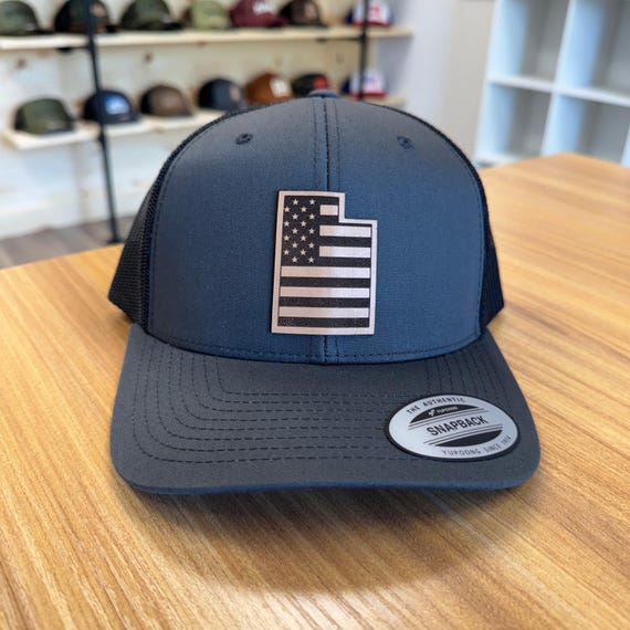 Leather Patch Utah Flag Hat: Patriotic Trucker Style (Adjustable Snapback)