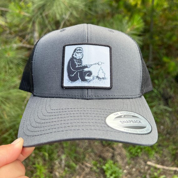 Bigfoot Campfire Woven Patch Hat - Rustic Leather Patch, Breathable Mesh