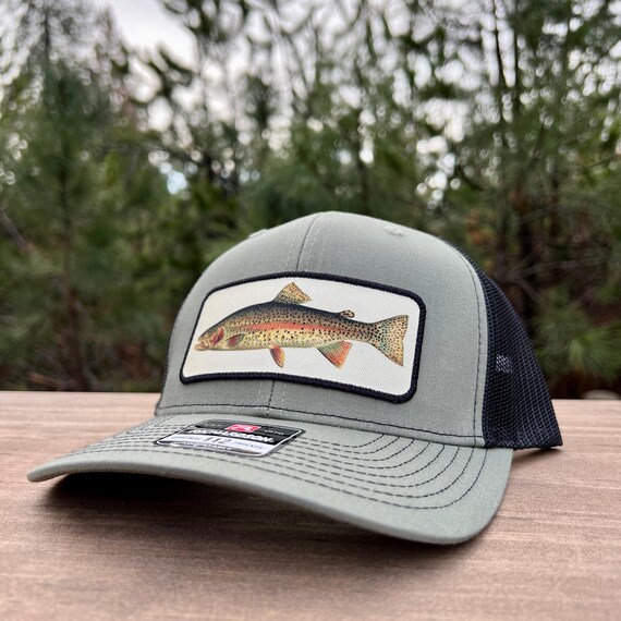 Fly Fishing Snapback Hat, Rainbow Trout Leather Patch (Adjustable Fit)