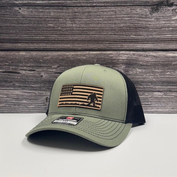 Bigfoot Forest Flag Leather Patch Hat - American Flag Design with Breathable Mesh