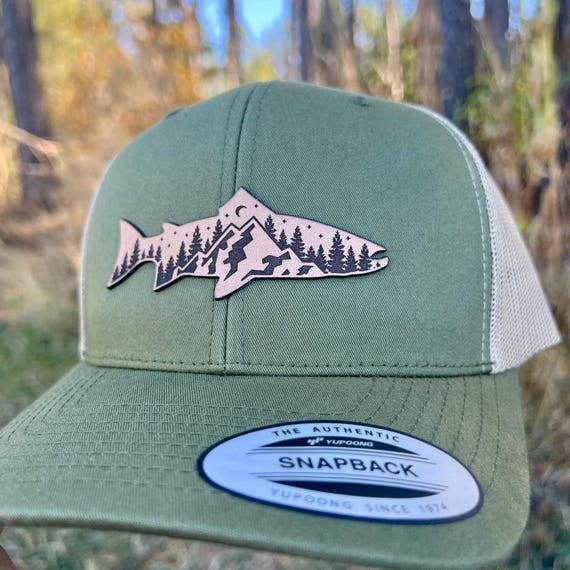 Mountain Scene Trout Leather Patch Hat  - Breathable Mesh Trucker Style