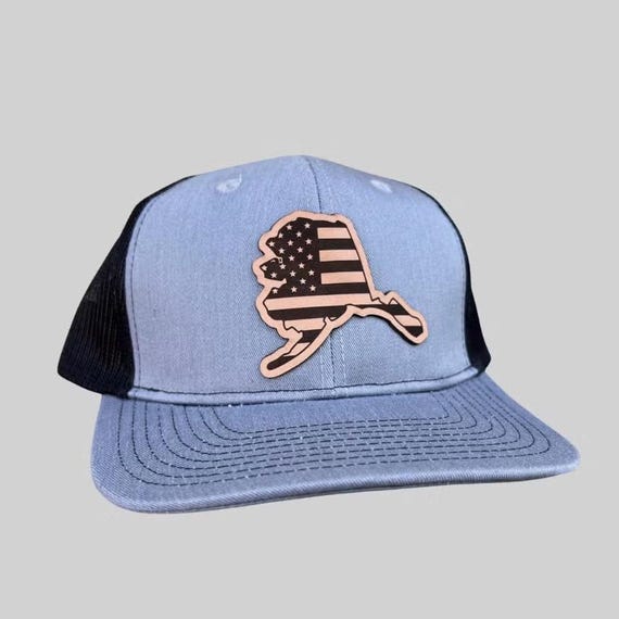 Leather Patch Alaska Flag Hat: Bass Fish Design (Adjustable Snapback)