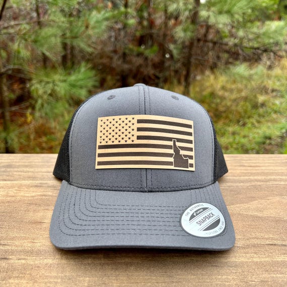 Idaho Flag Trucker Hat, Leather Patch, Mesh Back (Snapback One Size)