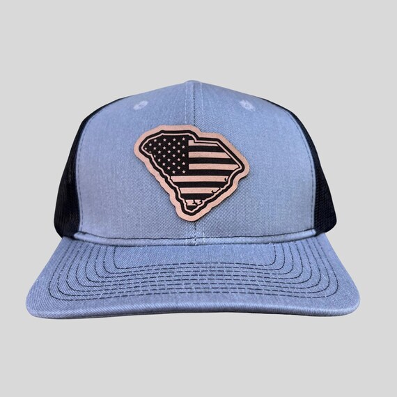 South Carolina Leather Patch Hat, USA Flag Outline (Adjustable Snapback)