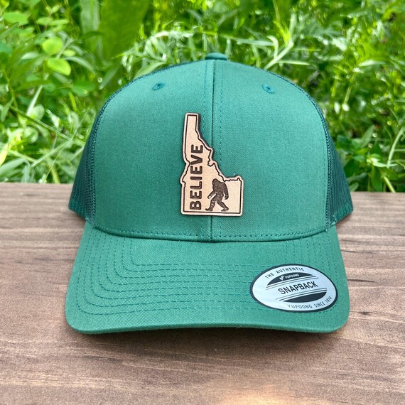 Idaho Bigfoot Leather Patch Hat: Sasquatch Forest Graphic - Adjustable Leather Mesh