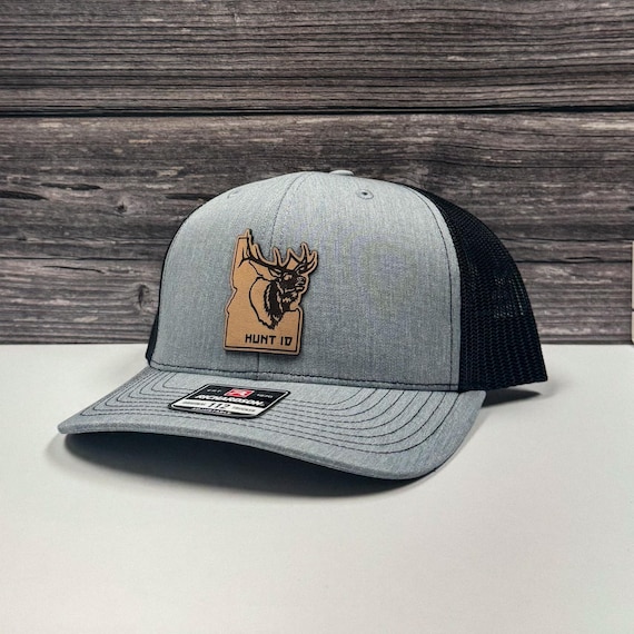 Hunt ID Idaho Elk Leather Patch Hat: Breathable Mesh Trucker Cap