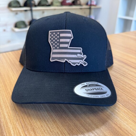 Louisiana Flag Trucker Hat, Leather Patch, Snapback (Breathable Mesh)