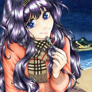 May include: Illustration of a person with long purple hair, blue eyes, and a plaid scarf, holding a fork. The person is wearing an orange sweater and a headband. A slice of cake with blue roses sits on a plate. The background shows a beach scene at night.