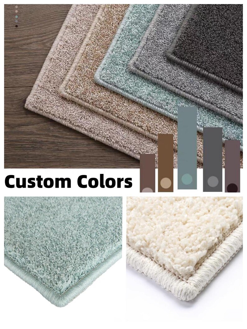 Puede incluir: Una selecci&oacute;n de alfombras de colores personalizados en varios tonos, incluyendo beige, turquesa, gris y negro. La imagen muestra la textura y las opciones de color disponibles, con un primer plano de una alfombra turquesa y una alfombra crema. El texto "Custom Colors" est&aacute; presente.