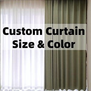 May include: A pair of custom curtains, one side sheer white, the other olive green. The text "Custom Curtain Size & Color" is overlaid on the image. The curtains are hanging in front of a window, with a white wall visible.
