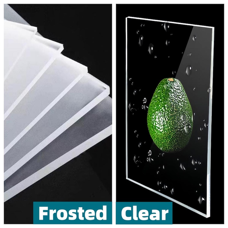 May include: The image shows two contrasting panels: frosted and clear. The frosted panels are stacked, displaying a translucent white appearance. The clear panel showcases a green avocado with water droplets against a black background. The text "Frosted Clear" is at the bottom.