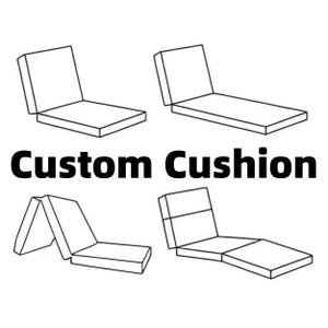 May include: Line drawing of four different custom cushion designs. The text "Custom Cushion" is displayed in bold, black font. The cushions are shown in various configurations, including a chaise lounge style and a folding design.