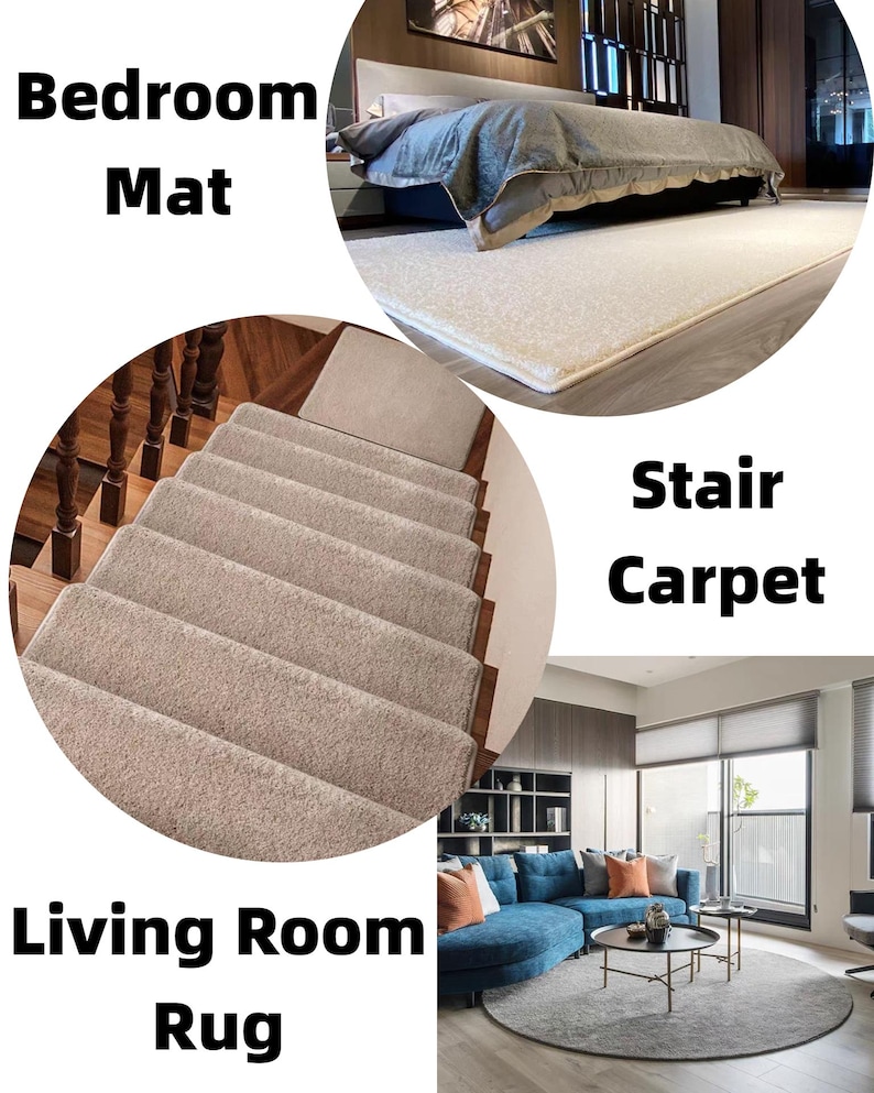 Puede incluir: Una colecci&oacute;n de alfombras y moquetas para la decoraci&oacute;n del hogar. Incluye una alfombra beige para el dormitorio, una alfombra para escaleras y una alfombra circular gris para la sala de estar. La alfombra del dormitorio es rectangular y se coloca debajo de una cama. La alfombra de la escalera cubre los escalones. La alfombra de la sala de estar est&aacute; debajo de un sof&aacute; azul.