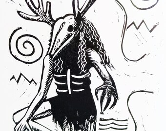 Wendigo Skinwalker Linocut Print