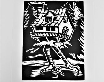 Baba Yaga, The Wild Witch of the Woods limited edition lino print