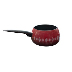 May include: A round red saucepan with a black interior and a long black handle. The exterior features a repeating white decorative pattern around the center. The pot has a smooth finish and a wide, open top, showing a dark, non-stick surface.