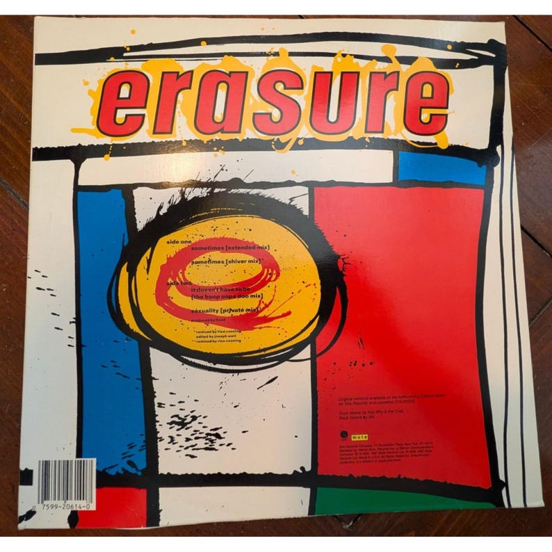 Puede incluir: Portada del &aacute;lbum de vinilo Erasure con un dise&ntilde;o audaz y colorido. La palabra "Erasure" est&aacute; en letras grandes rojas y amarillas. La car&aacute;tula del &aacute;lbum presenta una mezcla de formas geom&eacute;tricas rojas, azules y amarillas, con t&iacute;tulos de canciones.