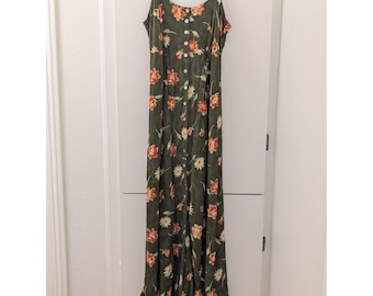 Sukienka maxi w kwiaty w stylu vintage, bez rękawów, marki Golf, z wiązaniem z tyłu i guzikami, rozmiar 6, zielona, z czerwonymi i białymi kwiatami