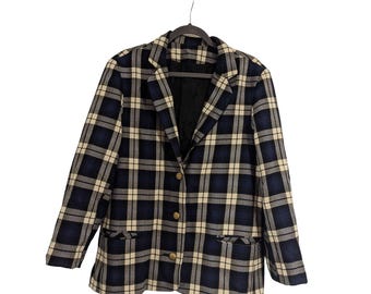 Triona Design Damen Karierter Wollblazer mit Goldknopf Details Marine & Creme Größe 14