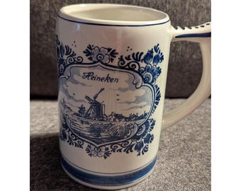 Heineken Ceramic Beer Mug Delft Blue Handpainted Vintage Dutch Windmill & Sailboat Design