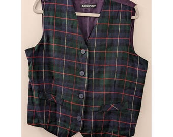 Débardeur boutonné à carreaux violet savane vintage avec lien réglable dans le dos taille XL mélange de laine fabriqué aux États-Unis