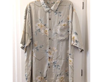 Tommy Bahama Mens XL Beige Silk Hawaiian Shirt With Floral Print - Tropical Short Sleeve Button-Up