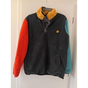Dutch Bros Colorblock Sherpa Pullover Jacket With Smiley Patch Snap-Up Collar & Pockets Size Large